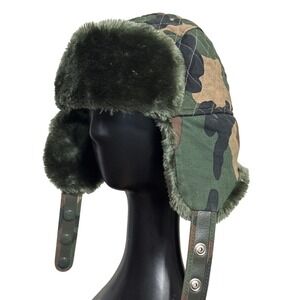 Vintage YoungAn Camo Trapper Hat Faux Fur 3M Thinsulate Bomber Cap Gorp Military
